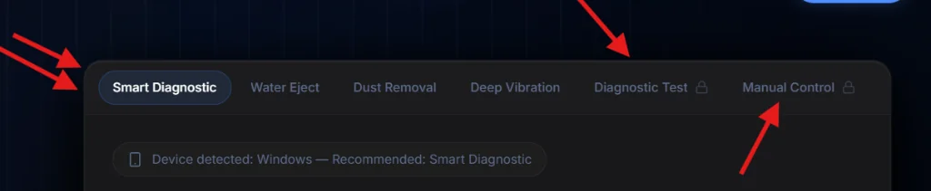 SpeakerCure tool interface showing Smart Diagnostic, Water Eject, and Dust Removal modes